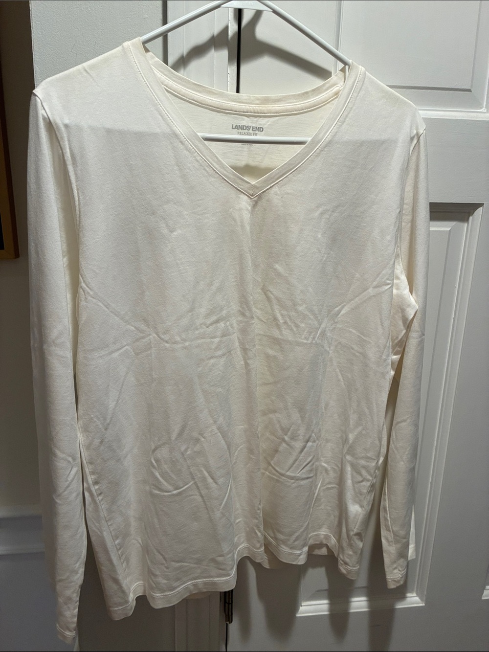 Lands' End Men's Long-Sleeve V-Neck Shirt in Off-White